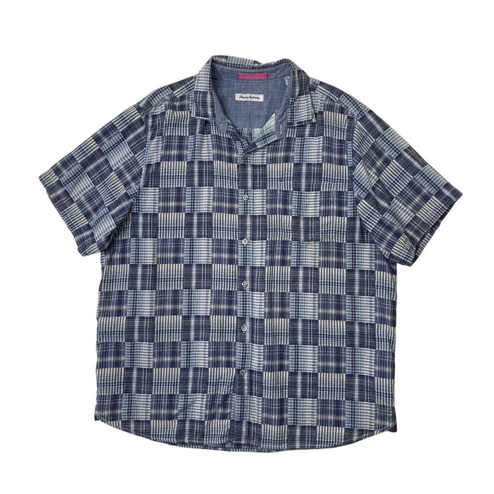 Tommy Bahama Shirt Mens Xl Blue White Cotton Plaid Button Up Long Sleeve Pocket